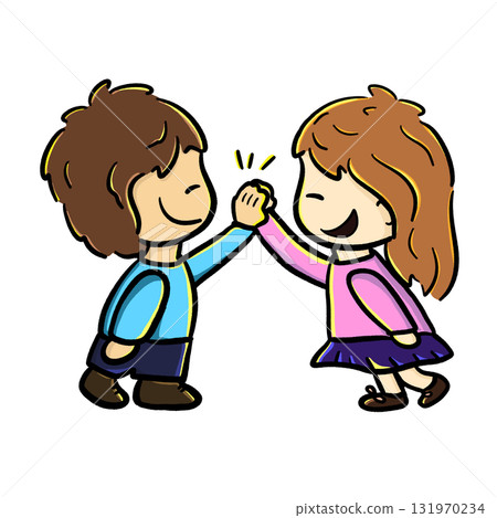 Two children high five happily isolated cartoon illustration Two children high five happily isolated cartoon illustration 131970234