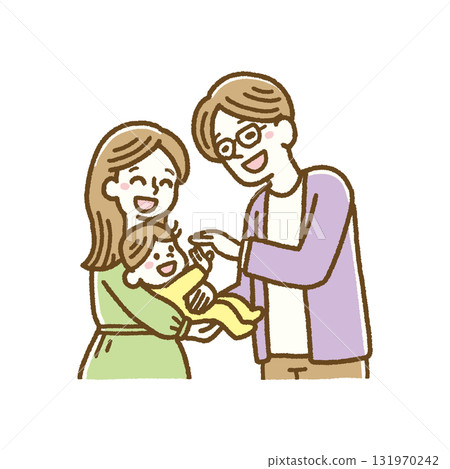 A heartwarming family illustration of a baby being held by mom and dad looking at it with a smile A heartwarming family illustration of a baby being held by mom and dad looking at it with a smile 131970242