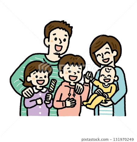 一幅色彩鮮豔、歡快的插圖，描繪了一家人和嬰兒一起玩耍的場景。 131970249