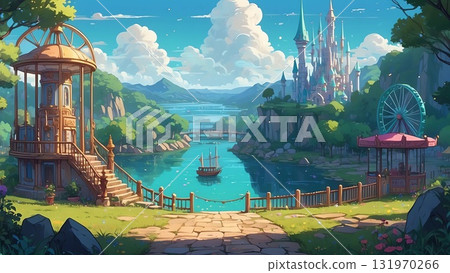 Game background: Fantasy amusement park and lake in another world Game background: Fantasy amusement park and lake in another world 131970266