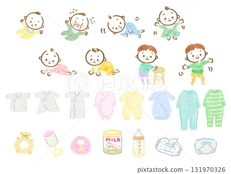 Hand-drawn illustration set of baby growth process and baby products 131970326