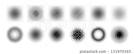 Halftone radial gradient collection. Dotted textured round and square patterns. Cartoon faded background set. Pixelated bitmap element pack for frame, poster, collage, banner. Vector comic bundle 131970383