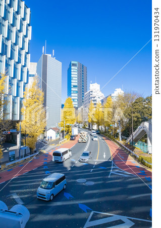 明治大道兩旁的黃色銀杏樹[秋天的景象] 131970434