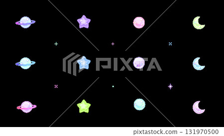 8-bit retro game style cute illustration of planets, stars and moons on a black background 131970500