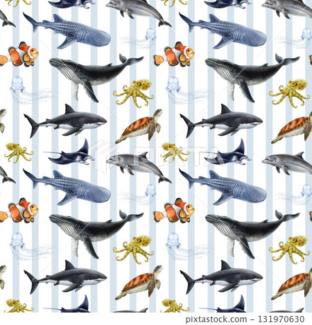 Australian sea life animal seamless pattern. Hand drawn humpback whale, great white shark, whale shark, green sea turtle, manta ray watercolor vintage style illustration on striped background 131970630