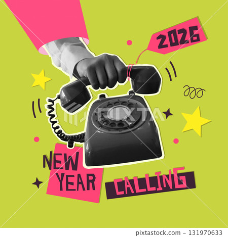 New Year celebration calling with retro phone elements. Vector illustration 131970633