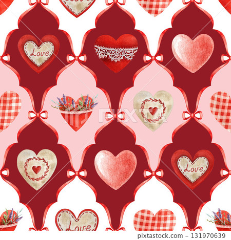 Valentine Day romantic mood seamless pattern decoration. Hand drawn red heart elements vintage style watercolor illustration. Perfect for romantic designs, holiday decor and gift paper wrapping 131970639