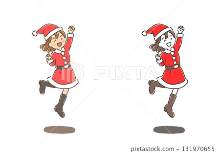 Christmas - A young woman jumping in a Santa Claus costume 131970655