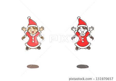 Christmas - A girl dressed as Santa Claus jumping energetically 131970657