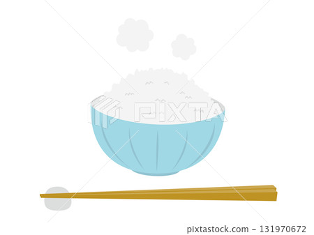 Illustration of warm white rice in a light blue bowl and chopsticks Illustration of warm white rice in a light blue bowl and chopsticks 131970672