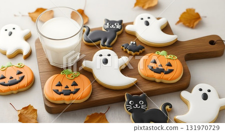 Festive Halloween Cookies with Milk on a Wooden Board 131970729