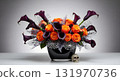 Elegant Halloween floral arrangement with dark calla lilies and orange roses 131970736