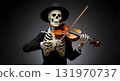 Skeleton musician in suit and hat playing violin against gray background 131970737