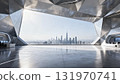 View the city skyline from the interior of a geometrically cut metal space capsule 131970741