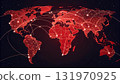 A red world map depicts global connections with interconnected nodes on a dark background, illustrating worldwide 131970925