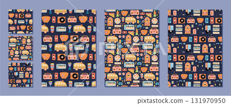 Groovy retro music seamless pattern set in colorful vintage background. Cassette, boombox, radio, and record combine as illustration in this y2k inspired seamless pattern collection. 131970950