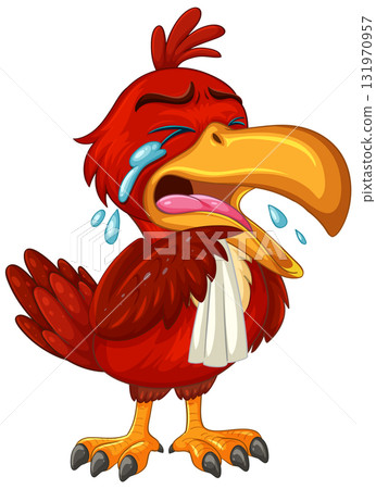 Crying Cartoon Red Bird With Large Yellow Beak 131970957