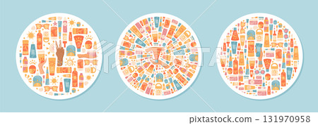 Cartoon round sticker set with sunscreen, sunblock and SPF bottle, tube and container. Cream lotion collection for sun care. Banner design concept highlights cosmetic protection product in summer. 131970958