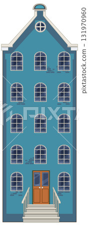 Blue Dutch Canal House with Steep Gabled Roof 131970960