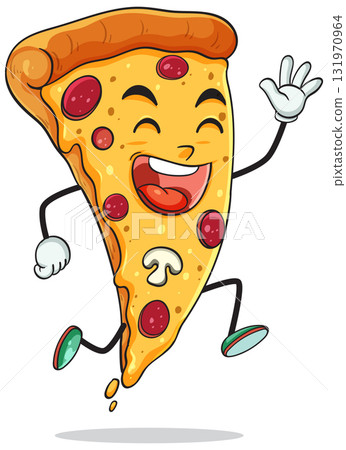 Happy Cartoon Pizza Slice Jumping with Joy Happy Cartoon Pizza Slice Jumping with Joy 131970964