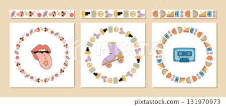 Groovy retro seamless border set in funky cartoon doodle style with cassette, roller, and lips in a playful circle frame. Pink and orange color add y2k flair to this unique frame border design. 131970973