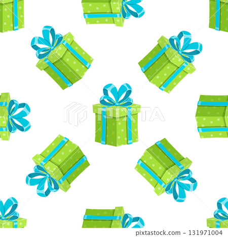 Seamless cartoon gift boxes with colorful ribbons. Pattern of vibrant present boxes creates a cheerful background. Ideal for birthday party decorations and surprise elements. Seamless cartoon gift boxes with colorful ribbons. Pattern of vibrant present boxes creates a cheerful background. Ideal for birthday party decorations and surprise elements. 131971004