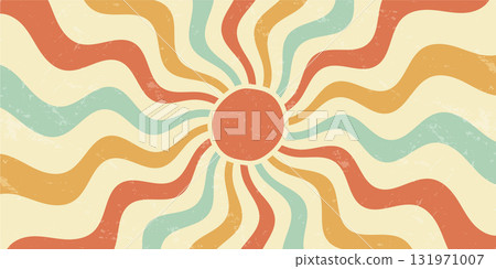 Groovy retro sun burst with orange and wavy burst shapes. sun and sunshine blend into a grunge effect, with strong y2k influence. Horizontal background, perfect for creative vintage art or trendy 131971007