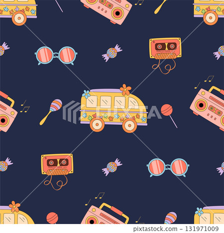 Groovy y2k music seamless pattern with cartoon flower and cassette, boombox, radio on dark background. Vintage retro design for colorful pop wallpaper or creative poster. 131971009