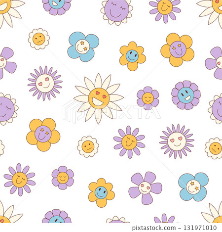 Groovy retro seamless background with colorful flower and daisy in y2k style pattern. Floral chamomile and sunflower face pattern smiley accent create a cheerful colorful wallpaper. 131971010