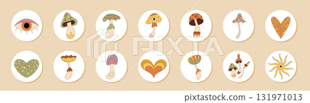 Groovy retro psychedelic mushroom sticker set with fun cartoon circle icons and orange magic shroom art. Y2k lid package sticker, round seal product for package lid. Groovy retro psychedelic mushroom sticker set with fun cartoon circle icons and orange magic shroom art. Y2k lid package sticker, round seal product for package lid. 131971013