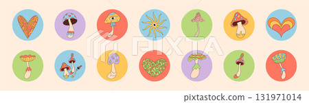Colorful groovy cartoon mushroom sticker set in round shape. Retro y2k pattern with psychedelic circle illustration. Fun package label for lid, playful set for package or product use. Colorful groovy cartoon mushroom sticker set in round shape. Retro y2k pattern with psychedelic circle illustration. Fun package label for lid, playful set for package or product use. 131971014