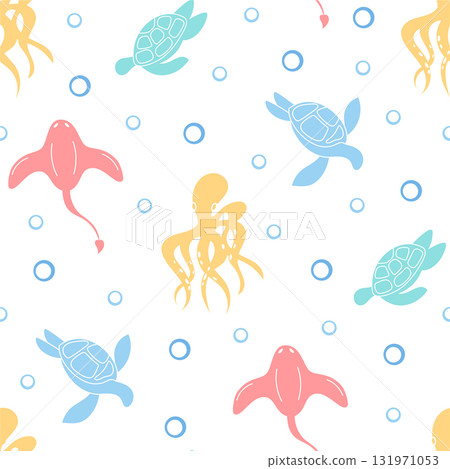 Seamless underwater pattern with flat marine style. Vibrant ocean life featuring turtles and octopus in cartoon aquatic design. Decorative sea elements in playful style, perfect for summer Seamless underwater pattern with flat marine style. Vibrant ocean life featuring turtles and octopus in cartoon aquatic design. Decorative sea elements in playful style, perfect for summer 131971053