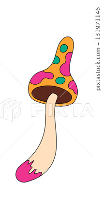 Groovy mushroom in psychedelic cartoon graphic style as groovy element with bold pink and orange. Trippy shroom and retro sticker use colorful magic pop for y2k inspiration, trendy 70s vibe playful 131971146