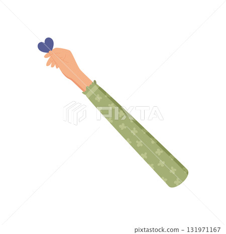 Hand holding heart in a flat colorful style. A raised hand symbolizing give, charity, and love highlights human support and volunteer efforts. This creative concept captures help, solidarity, 131971167