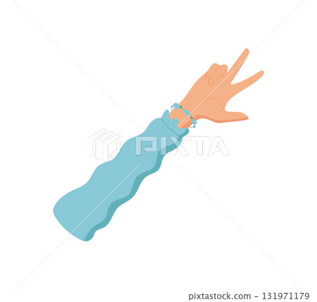 Flat cartoon hand gesture with three fingers showing up. Human hand with sleeve signals number three. Simple visual element for count, math, or signal purposes. Flat cartoon hand gesture with three fingers showing up. Human hand with sleeve signals number three. Simple visual element for count, math, or signal purposes. 131971179