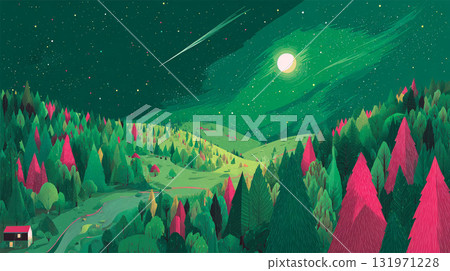 一幅奇妙的夜森林景觀插圖，上面有流星和閃亮的滿月 131971228