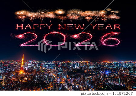 2026 happy new year fireworks over Tokyo cityscape at night, Japan 131971267