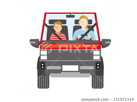 Front view illustration of a Western mother and son riding in a red pickup truck (flat design) 131971314