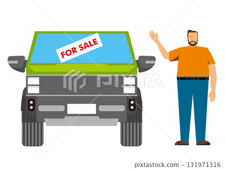 A green pickup truck facing forward with a FOR SALE sign and a Western man. Flat design 131971316