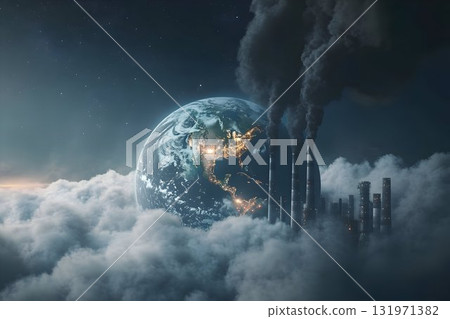 3D illustration depicting Earth surrounded by thick clouds of smoke and emissions, symbolizing global pollution and climate change 131971382