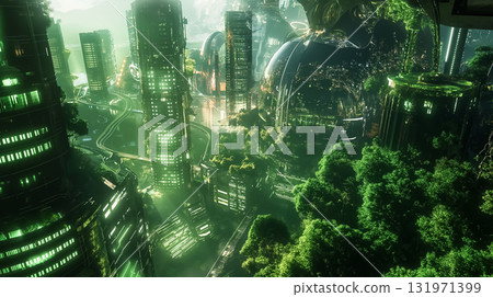 A future cityscape that embodies a clean energy society 131971399