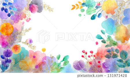 框架背景與五顏六色的水彩花朵和金色裝飾 框架背景與五顏六色的水彩花朵和金色裝飾 131971428