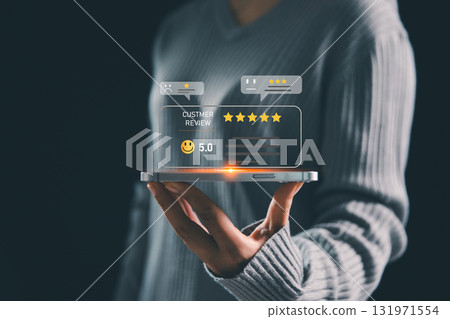 Businesswoman holding smartphone with floating customer review icons and star ratings, concept of online feedback, digital marketing, reputation management, customer satisfaction. satisfaction Businesswoman holding smartphone with floating customer review icons and star ratings, concept of online feedback, digital marketing, reputation management, customer satisfaction. satisfaction 131971554