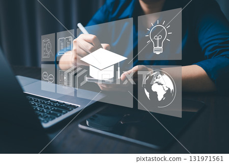 Concept of online education, training digital courses, e-learning platforms on internet supports personal development, helps gain professional qualifications, enables learners to develop new skills. Concept of online education, training digital courses, e-learning platforms on internet supports personal development, helps gain professional qualifications, enables learners to develop new skills. 131971561