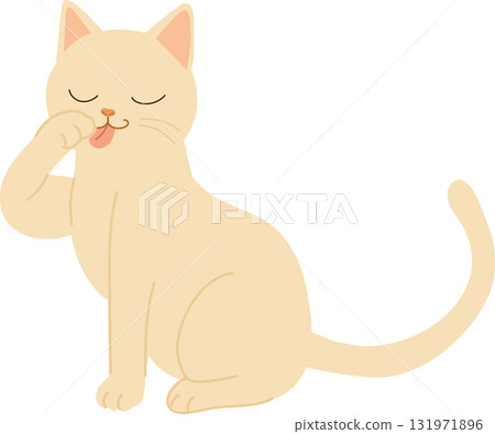 a cute beige cat licking its paw at home, showing calm grooming behavior in a minimalist flat design style suitable for pet and lifestyle concepts 131971896