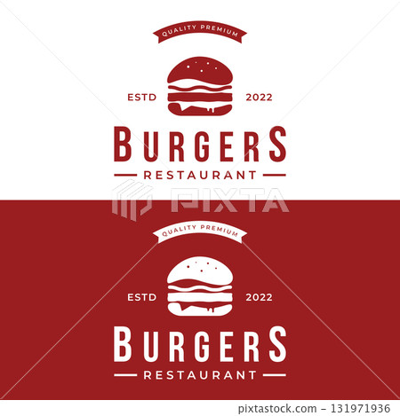Retro vintage hot burger fresh and tasty logo design. Logo for restaurant, business, label, badge and emblem. Retro vintage hot burger fresh and tasty logo design. Logo for restaurant, business, label, badge and emblem. 131971936