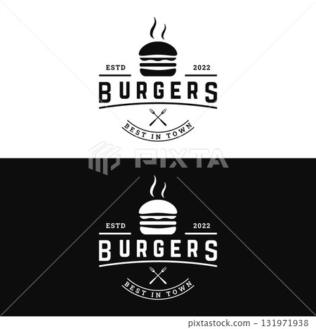 Retro vintage hot burger fresh and tasty logo design. Logo for restaurant, business, label, badge and emblem. Retro vintage hot burger fresh and tasty logo design. Logo for restaurant, business, label, badge and emblem. 131971938