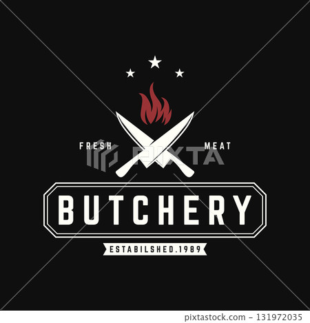 Vintage butcher template logo with knife, fresh beef. Logo for business, butcher shop, restaurant, badge and label. 131972035