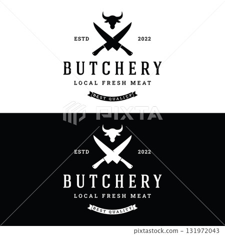 Vintage butcher template logo with knife, fresh beef. Logo for business, butcher shop, restaurant, badge and label. Vintage butcher template logo with knife, fresh beef. Logo for business, butcher shop, restaurant, badge and label. 131972043