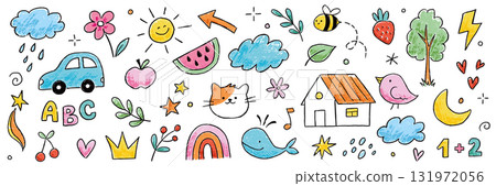 Kid crayon child hand drawn background. Crayon pencil stroke school doodle flower, cartoon sun, rainbow summer elements. Kid style cute star, tree, heart shapes background. Vector Kid crayon child hand drawn background. Crayon pencil stroke school doodle flower, cartoon sun, rainbow summer elements. Kid style cute star, tree, heart shapes background. Vector 131972056